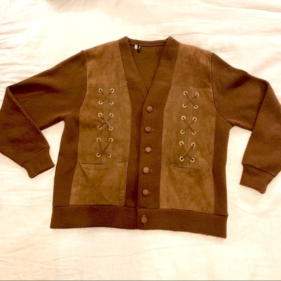 Vintage Sweaters - Vintage Oversized Knit Cardigan Sweater with Suede Panels and Lace Up Detail